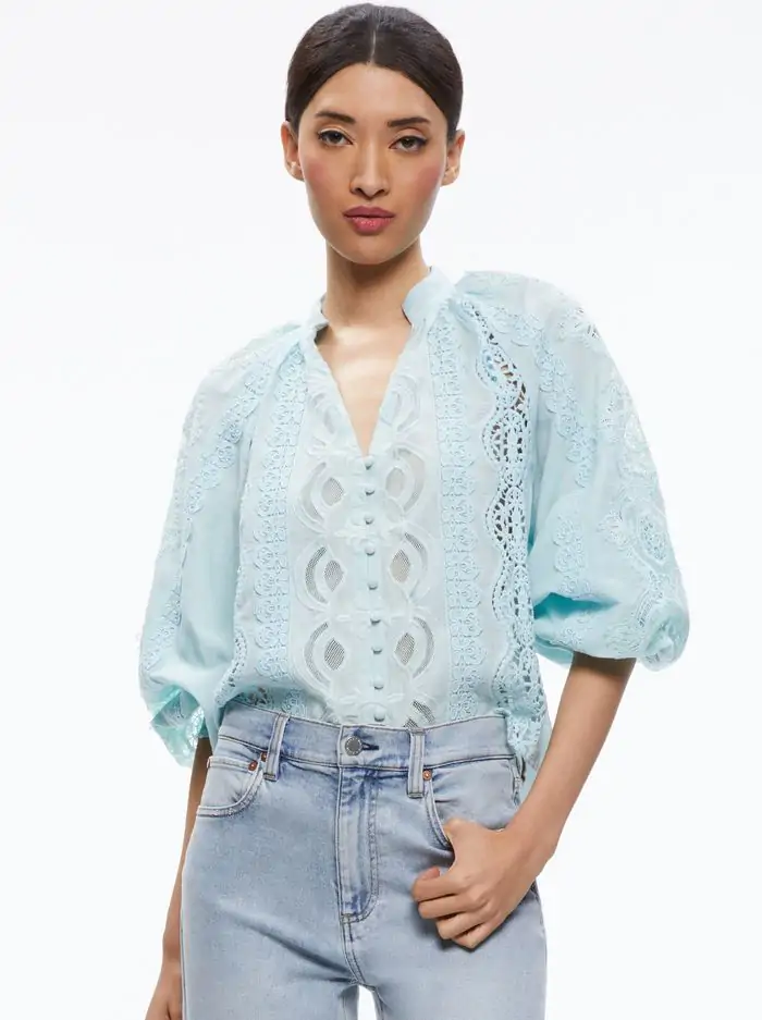 LESSIE EMBROIDERED BLOUSON SLEEVE BUTTON FRONT BLOUSE